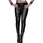 Women's Faux Leather Leggings Gothic Punk Skinny PU Leather Pants Mid Rise Novelty Studded Tight Pants
