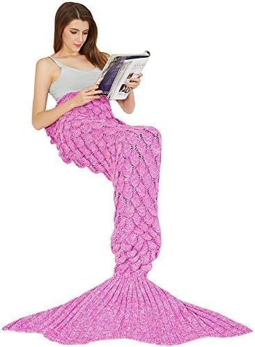 Y-stop Mermaid Tail Blanket with Scale Knit Crochet for adult Kids Girls, Super Warm Soft All Seasons Sleeping Blankets 6 Styles (Length-71", Mermaid Scale-Rose red)