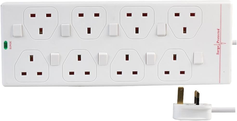 Pro Elec 8 Gang 10m Individually Switched and Surge Protected in White