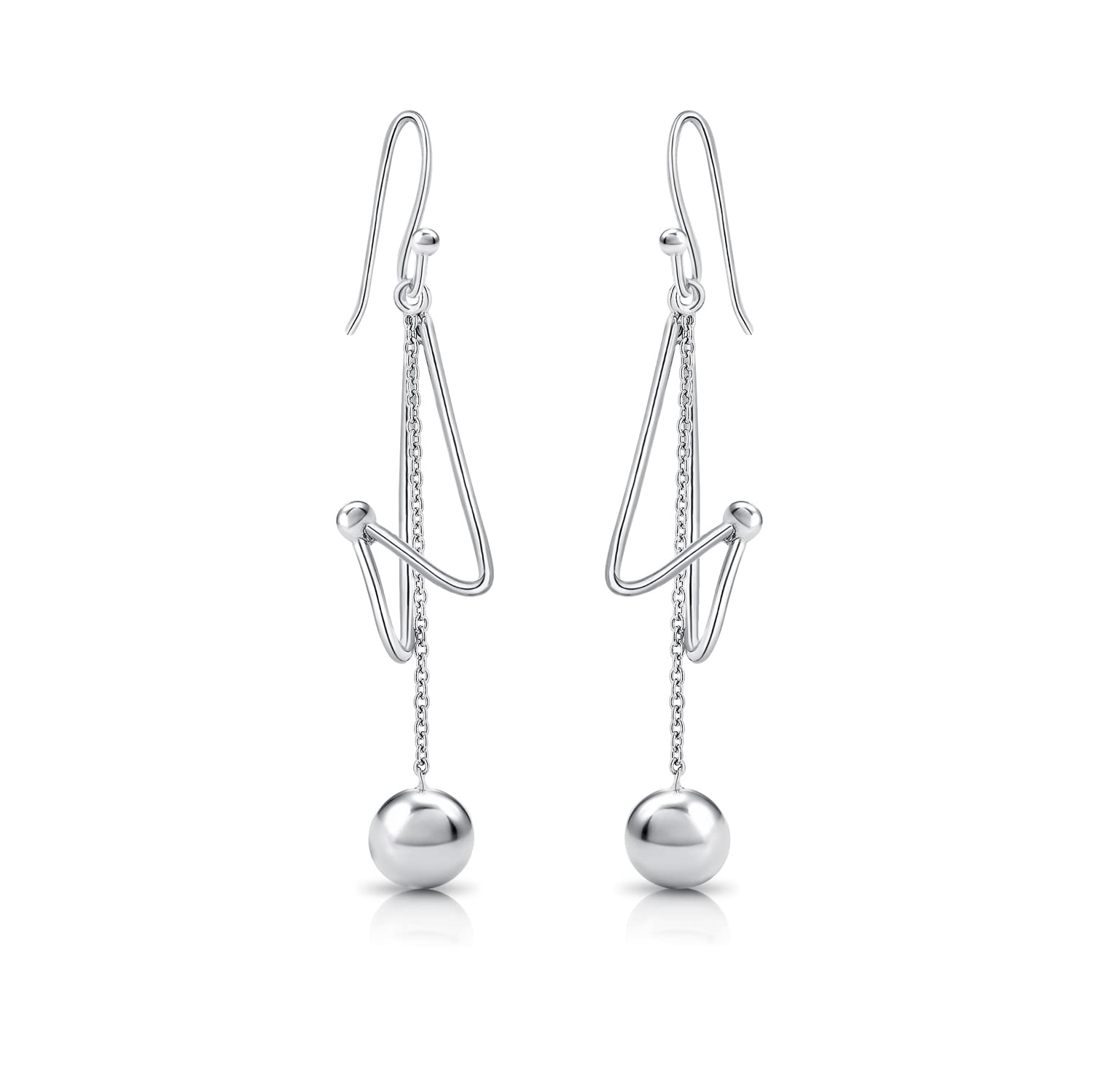DTPSilver - 925 Sterling Silver Rodium Plated Dangling Chain Earrings with Ball