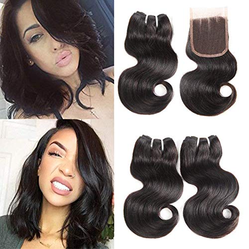 Short Body Wave Bundles 50g/pcs Brazilian Body Wave Human Hair 3 Bundles with Lace Closure Body Wave 3 Bundles with Closure 10A Three Part Lace Closure Natural Color 8 8 8+8 Lace closure