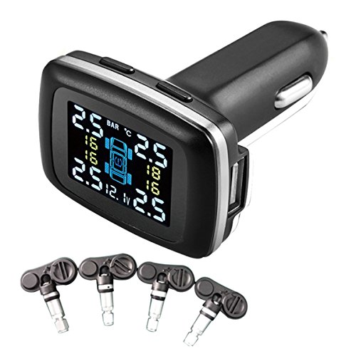 Meirun Diy TPMS,Cigarette Lighter Wireless LCD Display Digital Tire Pressure Monitoring System,Tpms System with 4 Internal Sensors for Home Motor