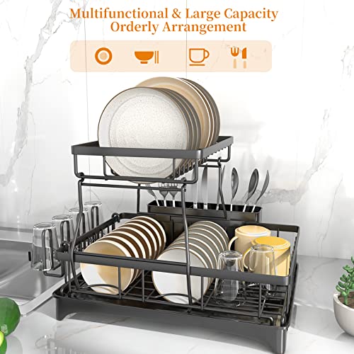 GILLAS Dish Drying Rack, 2 Tier Dish Racks for Kitchen Counter, Large Capacity Dish Drainers with drainboard Set, Utensils Holder, Glass Holder, Rustproof, Black