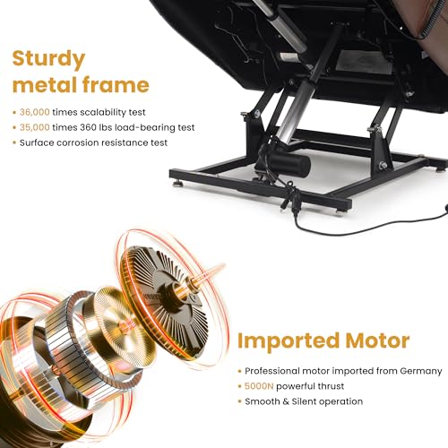 Elderly Dual Motor Power Lift 180° Lay Flat Leather Recliner Chair Brown | USB-C Charging Port, Massage & Lumbar Heat, Side Pocket, Remote, Easy Assembly