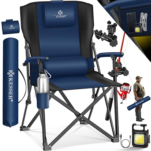 KESSER® Campingstuhl faltbar bis 160 kg | Angelstuhl Faltstuhl Klappstuhl Gepolstert mit Armlehnen | Campinglicht und Getränkehalter + Tasche mit hohe