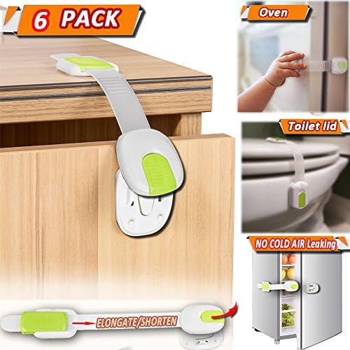 BABY PROTECTORS CHILD SAFETY &amp; KIDS PROOF LATCH TO CABINETS &amp; STRAP,Fridge,Oven,Dishwasher,Toilet Sea,Drawers for Baby Protection ,uses better than 3M Adhesive Adjustable Strap and Latch System - 6PC