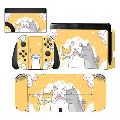 PlayVital Full Set Protective Stickers for Nintendo Switch OLED Model, Customized Vinyl Decal Skins for Switch OLED Console & Joycon & Dock & Grip - Hungry Kitties
