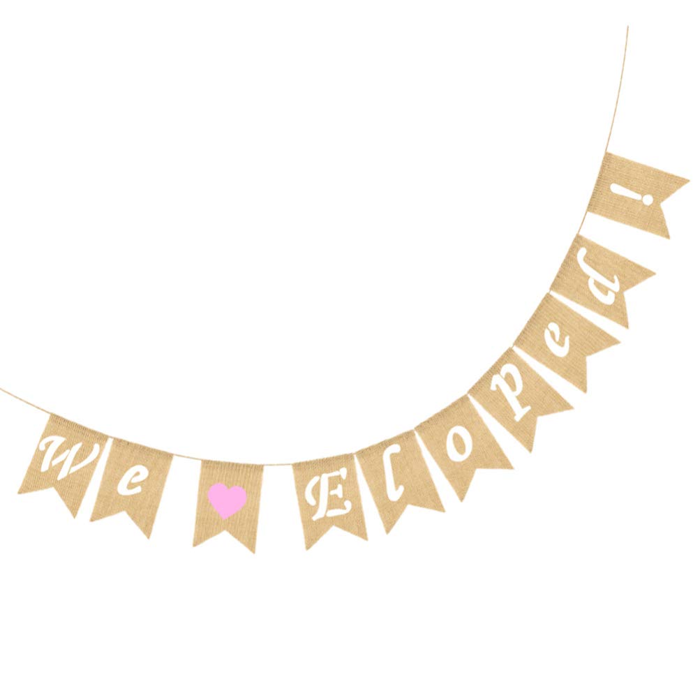 Amosfun We Eloped Banner Burlap Wedding Banner Vintage Rustic Bridal Shower Engaged Married Wedding Anniversary Party Decorations