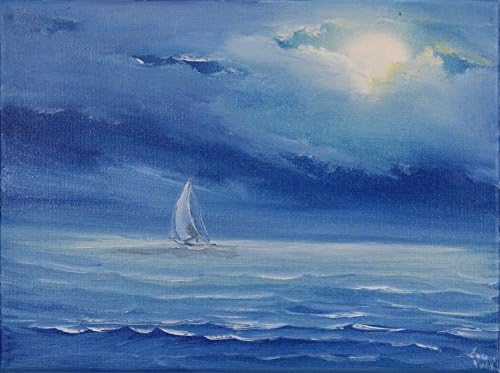 Original Blue Sailboat Oil Painting on Canvas, Yacht Painting, Moon Ocean Landscape, Wall Art, Ready to ship, No Frame Required, Night of Lost and Found 9x12"