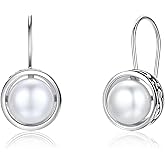 PUPILLEMON Sterling Silver Freshwater Cultured Pearl Drop Earrings for Women, AAA+ Quality Leverback White Pearl Earrings Dangle Hypoallergenic Jewelry