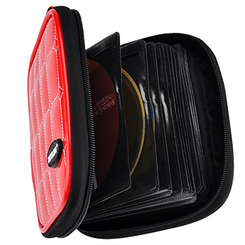 Wismart 32 Capacity Pu Leather Shell CD DVD Blu-ray Media Case Storage Holder Organizer Wallet for Car, Home, Office and Travel Carrying Protector Organizer(32-Capacity, Red)