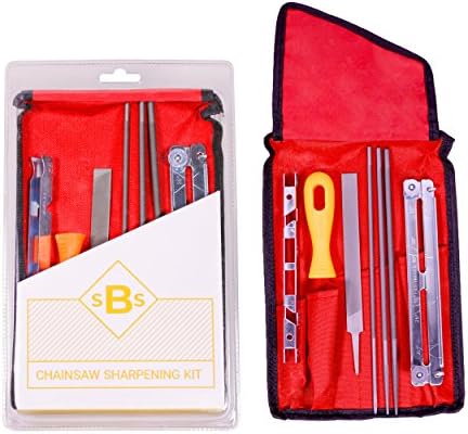 SBS Products Universal Chainsaw Sharpener Kit - 8 Tool Set with Portable Case for Chain Sharpening - Includes 5/32, 3/16 &amp; 7/32 Inch Files, Raker File, Depth Gauge, Blade Filing Guide &amp; Handle