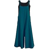YESNO Women Casual Loose Long Bib Pants Wide Leg Jumpsuits Baggy Cotton Rompers Overalls with Pockets S PZZTYP2 Dark Cyan
