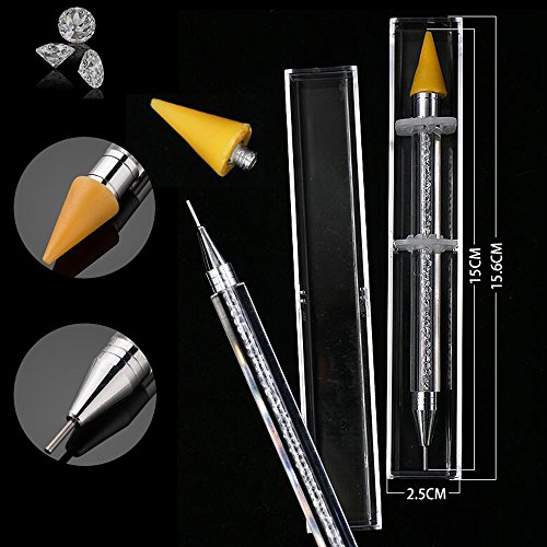 1 Pc Senior Double-head Wax ended Nail Rhinestone Picker Dotting Pen Acrylic Handle Gem Pick Up Applicator Tool Self-Adhesive Dot Head Tips Nail Art DIY Decoration Tool with Travel case (Yellow) - Thumbnail 6
