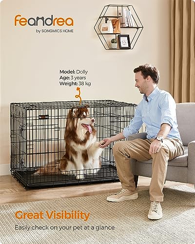 Feandrea PPD48BK Folding Dog Crate with 2 Doors, Separator, Removable Tray, 122 x 74.5 x 80.5 cm, XXL, Black