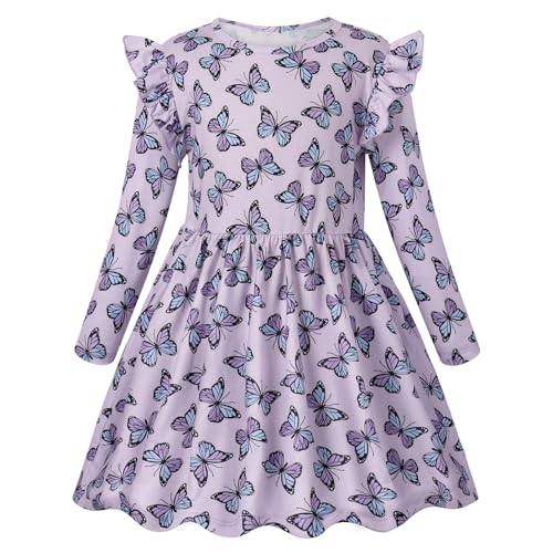 VASCHY Girls Dresses, Dress Long Sleeve Short Printed Dress Unicorn Princess Butterfly Mermaid Dresses Clothes Cotton Summer Party Holiday Dress 3-10 Years