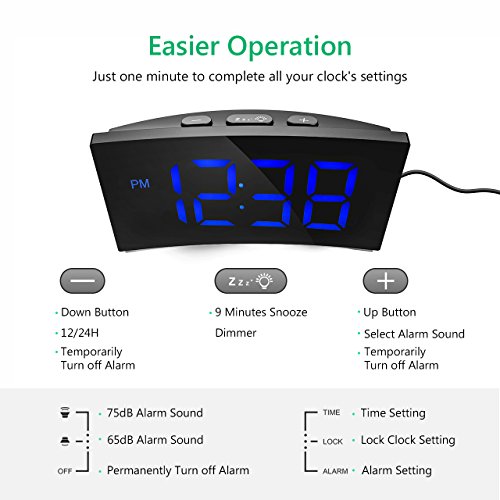 Digital Alarm Clock Pictek 5 Inch Dimmable LED Screen, Kids Desk Clock with Snooze Function for Bedroom Living Room Office (Without Adapter) (Y Blue)