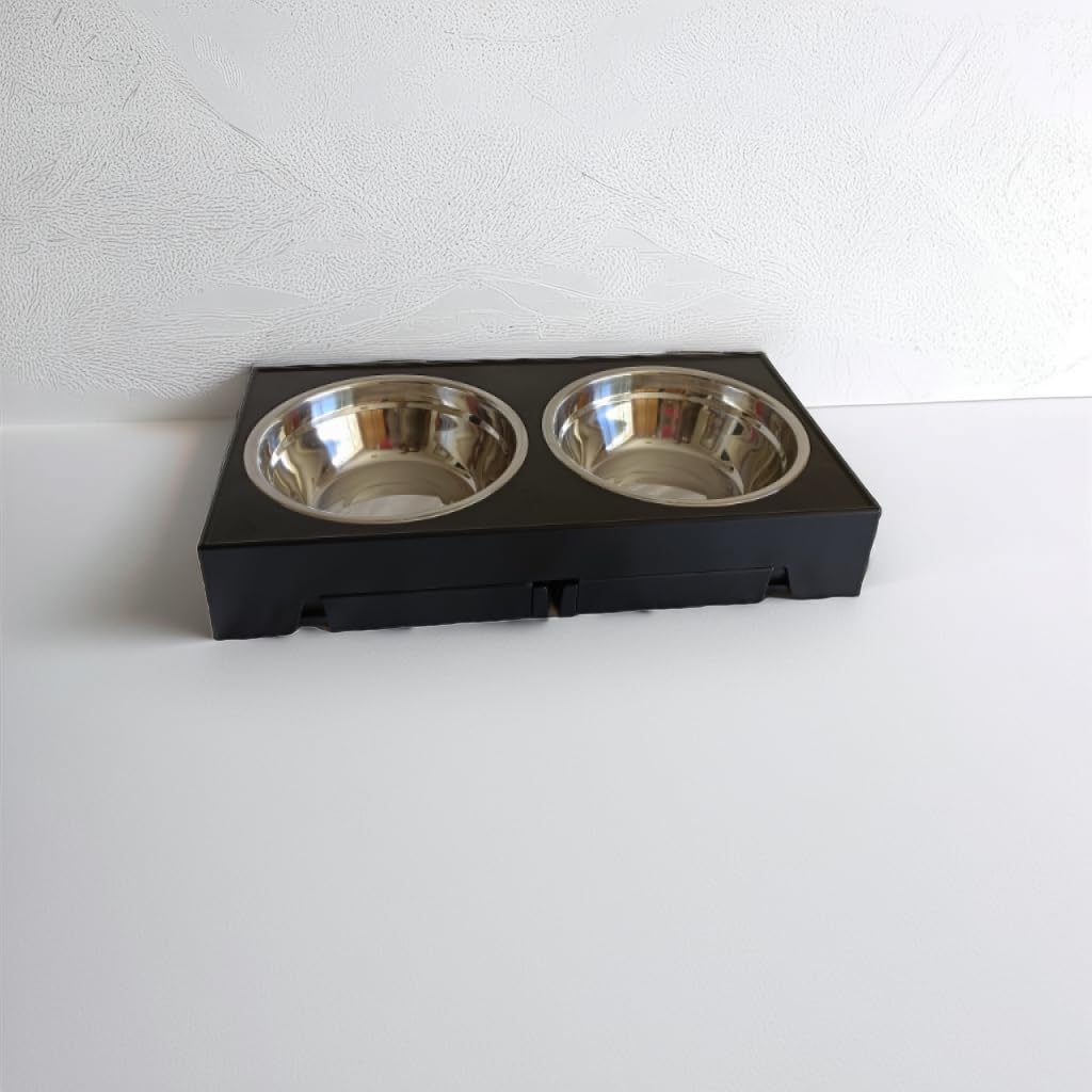Elevated Dog Feeding Station for Healthy Eating and Drinking. Ideal for Large and Medium-Sized Breeds. Sturdy Black Plastic Stand, 2 Stainless Steel Bowls. 44.5cmx23.5cm Adjust Height to Suit Dog.