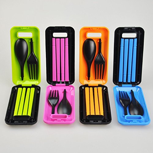 Modu Creative Environmental Portable Folding Outdoor Travel Flatware Fork Spoon Chopsticks Three-piece Set by Box Case (4 multcolor)
