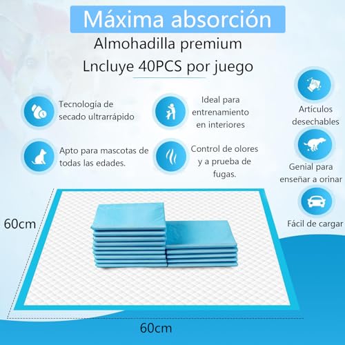 LICHENXI Almohadillas Desechables para Entrenamiento de Mascotas y Almohadillas para Orinal para Mascotas, súper absorbentes y a Prueba de Fugas, Perros, Gatos, Conejos (60x60cm (40 pcs))
