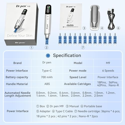 Dr. Pen M9 Dermapen Microneedling,Stylo Microneedling Sans Fil Nouvelle Version 2026 avec 12 Cartouches,6 Vitesses, Écran LED et Contrôle Précis de Profondeur pour le Visage et les Soins de la Peau