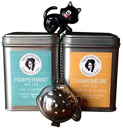 Crazy Cat Lady Organic Chamomile and Peppermint Tea Gift Set with Kitten Infuser (infuser colors may vary) by Crazy Cat Lady, Joie