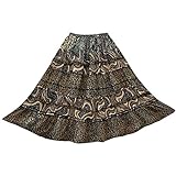 Womens Festive Skirt Brown Printed Frill Bohemian Gypsy Long Skirts