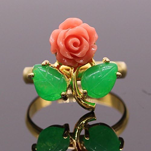 Jade Jewelry Hand Carved Vintage Inspired Blooming Red Rose Flower Engagement Ring (Ring Size 7)