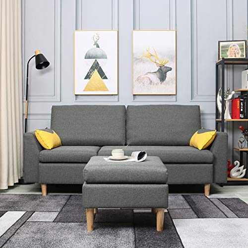 BestLiving Furniture Modern Linen Fabric LShaped Small Space Sectional Sofa with Stool