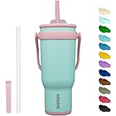 BJPKPK 40 OZ Insulated Travel Tumbler with Handle and Straw, Stainless Steel Water Bottle, Double Wall Vacuum Insulated Mug, for Work, Car, Travel, Guava