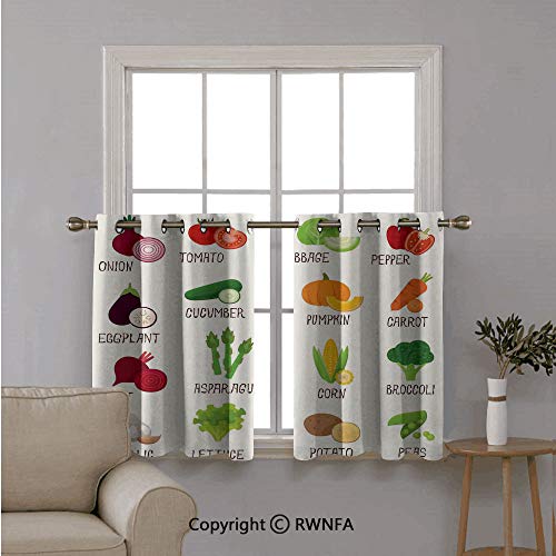 Home 2 Panels Tiers Small Window Treatment,Vegetables Pattern Retro Cafe Home Pumpkin Tomato Cabbage Pepper Patato,Curtain Blackout Drape Short Panel,42"x72" White Green Red,Set of 2 - Thumbnail 6