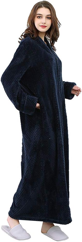 Unisex Dressing Gown with Zip Plus Size Ladies Housecoats Mens Towelling Robes Fluffy Fleece Full Length Nightgown for Women