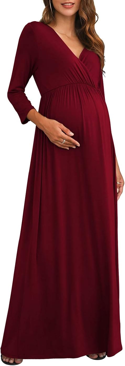 Xpenyo Women's Casual Maternity Maxi Dress V Wrap Baby Shower Pregnancy Dresses at  Women’s Clothing store