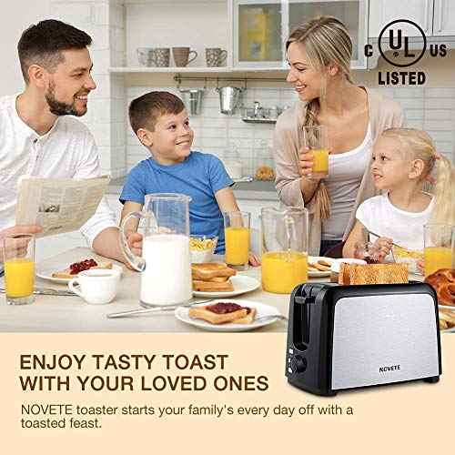 NOVETE Toaster 2 Slice, 2 Slice Toaster Wide Slot, Stainless Steel Toaster with 7 Shade Settings, Removable Crumb Tray, Defrost/Reheat/Cancel Functions, UL Certified Home Compact Toaster