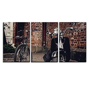 3 Piece Canvas Wall Art - Retro Bicycle and Moto Scooter Over The Wall from Red Bricks. - Modern Home Art Stretched and Framed Ready to Hang - 16"x24"x3 Panels