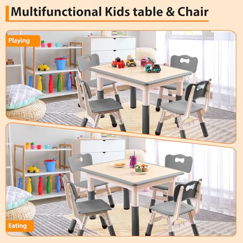 Garvee Kids Table and 4 Chairs Set, 5-Piece Height Adjustable Toddler Table with Graffiti Wipe-Clean Desktop, Non-Slip Legs & Storage Organizer, Preschool Activity Desk for Ages 2-6