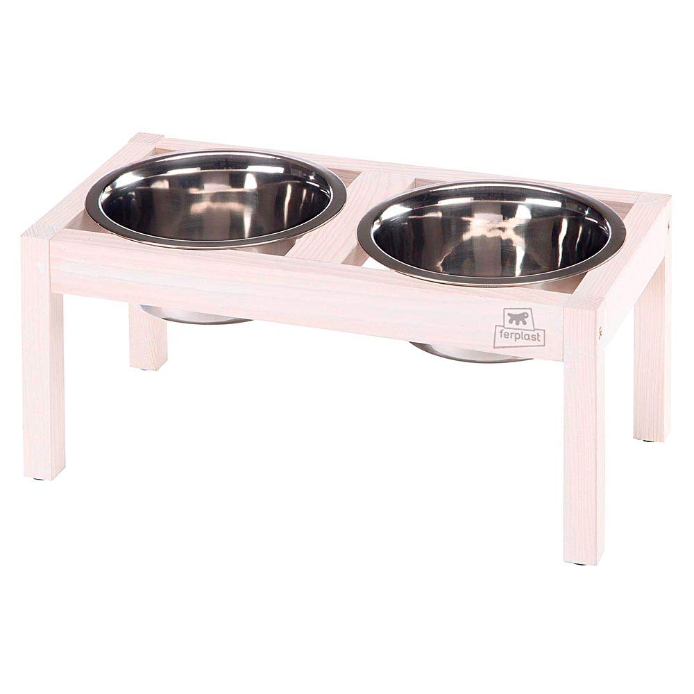 Ferplast Desco Wood Dog Bowl Holder with 2 Stainless Steel Bowls - Stylish, Non-Slip, Raised Wooden Dog Water and Food Bowl, 1,7 Liter