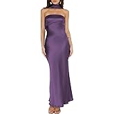 Women's Summer Satin Strapless Tube Top Maxi Dress Elegant Silk Backless Halter Neck Formal Party Dresses Wedding Guest Purple