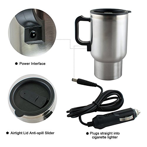 Carperipher 12V Car Heated Mug Tech Tool Stainless Steel Travel Electric Cup Vacuum Thermos Smart Temperature Control for Heating Water, Coffee, Milk and Tea with Airtight Lid, Auto Charger