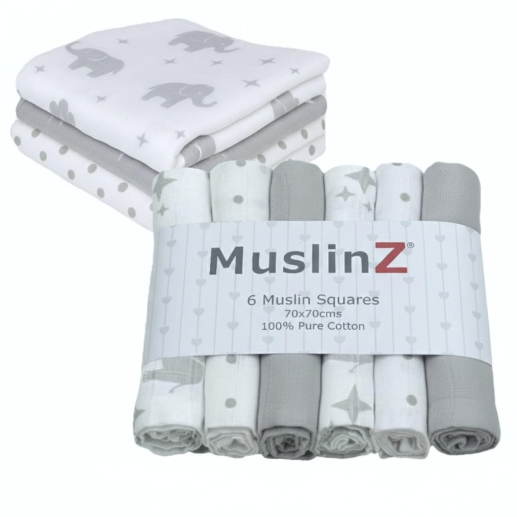 MuslinZ Muslin Cloths for Baby - Baby Burp Cloths - 6 Pack Muslin Squares - Large 70x70cm - Pure Cotton - Soft, Absorbent & Breathable - Multi Use Newborn Cloths - UK Brand (Elephant)