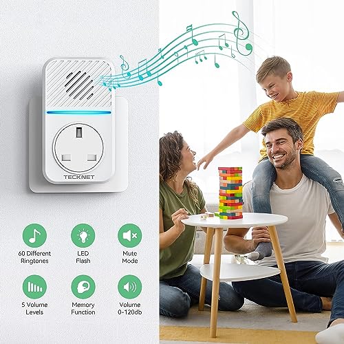 TECKNET 2-in-1 Plug-Through Wireless Doorbell with USB & AC Sockets, Self-Powered Doorbell, Doorbell & Charger in One, Save Your Wall Socket, 1300ft Range, IP65 Waterproof, 60 Chimes, LED Light Flash
