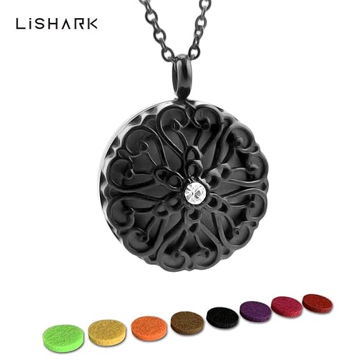 3D Diamond-Embedded Essential Oil Diffuser Necklace Black Aromatherapy Jewelry Hypo-Allergenic Perfume Pendant Locket Necklace 316L Stainless Steel Oil Diffuser Necklace for Men and Women with 24"Chai