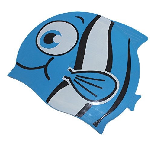 Dianoo Children’s Waterproof Earmuffs Swim Cap with High Quality Silicone Cartoon Pattern Swimming Cap Children Swimming Cap(Blue + small eye fish)