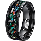 TUTISS 8mm Hammered Tungsten Rings for Men Women Engagement Wedding Bands Geunine Opal Meteorite Inlay Matte Finish Comfort Fit