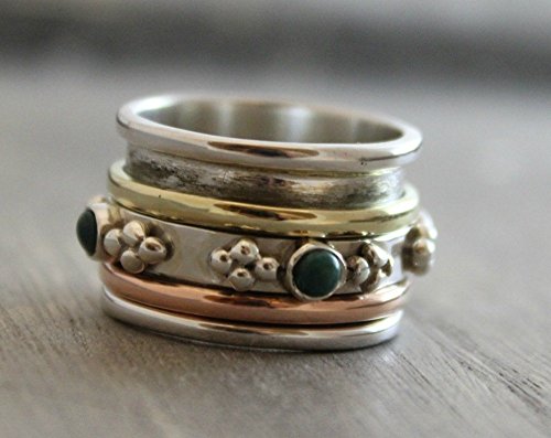 Sterling Silver (925) mixed metal Turquoise Brass Copper Bohemian Spinning Fidget Ring size 10 - Thumbnail 3