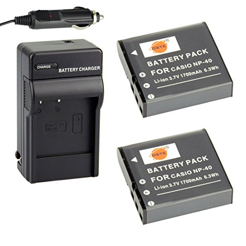 DSTE Replacement for 2X NP-40 Battery + DC73 Travel and Car Charger Adapter Compatible Casio EX-FC100 FC150 FC160S Z400 PRO P505 P600 P700 Zoom Z100 Z1000 Pentax XG-1 Camera as LB-060