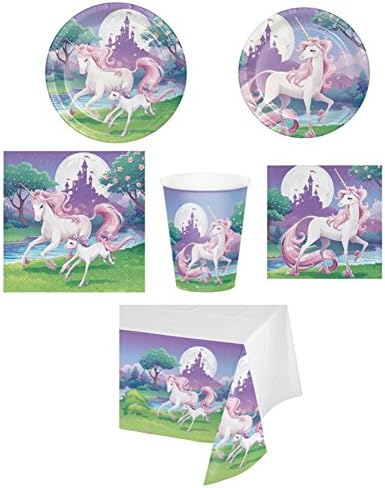 Unicorn Fantasy Happy Birthday Party Dinnerware Supplies - Disposable Plates, Napkins, Cups, and Tablecloth 6-Piece Bundle