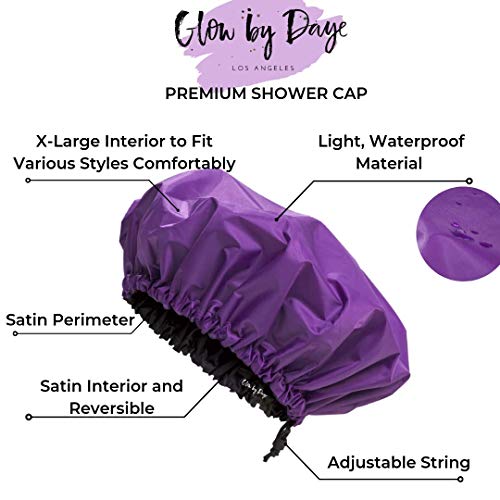 Large Satin Lined Shower Cap- Adjustable, Waterproof, Satin Interior for Hair Protection, Designed for Large, Long, or Natural, Hair, Reusable Cap by Glow by Daye (Purple/Black)