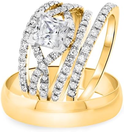 14K White Gold Fn 2 Ct Princess & Round Sim Diamond His & Her Wedding Trio Ring Set