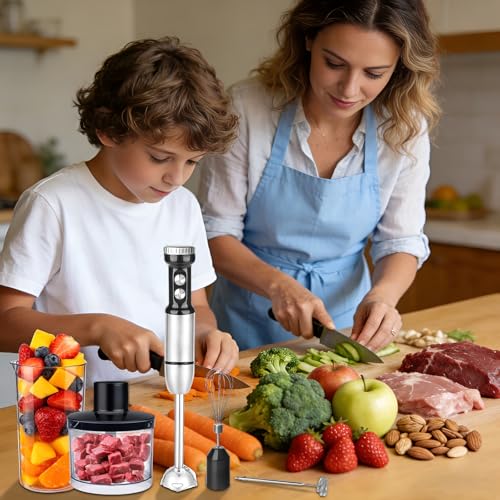 LEMONSEA Batidora de Inmersion 5 en 1 de acero inoxidable, Licuadora de Mano 1000W Batidora de Mano Multiusos de Alta Potencia, Incluye Tazón Picador y Accesorios para Batidos y Espumador de Leche